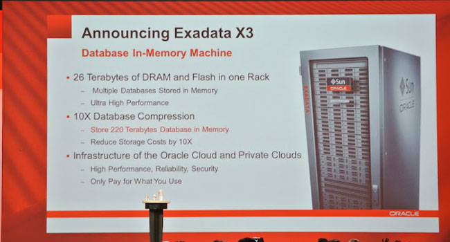 Exadata X3 עם זיכרון כולל של 26TB, יותר ממכונת HANA של סאפ עם 1.5TB, על פי אורקל. 22TB זיכרון הבזק ועוד 4TB זיכרון דיסק