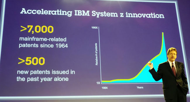 ד"ר ג'ון קלי ה-3 סגן נשיא בכיר ומנהל המחקר המוביל 3,000 מדענים וחוקרים ב-12 מעבדות ב-10 מדינות, "מגלה" סוד קטן וידוע של מובילותה של יבמ המביא להצלחת המיינפריים זה 50 שנה. פטנטים רבותי, פטנטים. וכל המרבה הרי זה משובח. יבמ הכי מרבה. מעל 7,000 פטנטי מיינפריים ב-50 שנה ומעל 500 בשנה האחרונה בלבד. זה הרבה? קלי מזכיר שיש חברות שאין להם בכל ההיסטוריה 500 פטנטים. אגב, בשנת 2013 יבמ רשמה 6,800 פטנטים לכל מוצריה ושירותיה