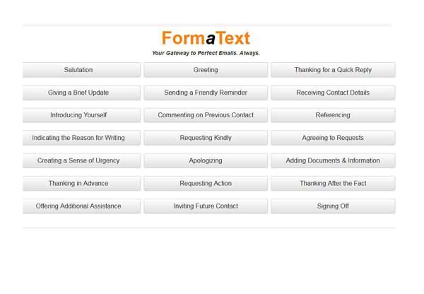כוללת כיום כ-500 משפטי מפתח (פורמטים) מגוונים המחולקים ל- 21 קטגוריות כתיבה. פורמטקסט