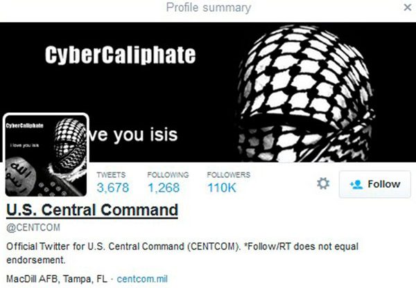 חשבון הטוויטר של פיקוד המרכז של צבא ארצות הברית לאחר הפריצה. צילום מסך