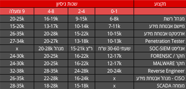 הטבלה עם הנתונים המלאים. מקור: Cyber-Jobs