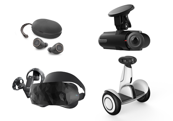 עם כיוון השעון: Vision 360 של אייסר; miniPlus של סגוויי; ערכת מציאות מעורבת של אסוס; Beoplay E8 של בנג אנד אולפסן. צילום: יח"צ