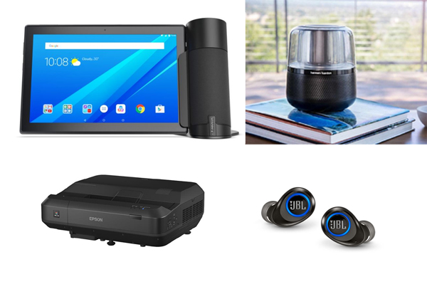 נגד כיוון השעון: Allure של הרמן קרדון; Home Assistant Pack של לנובו; האוזניות של JBL ;EH-LS100 של אפסון. צילום: יח"צ