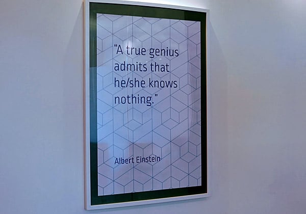 כמו בחברות היי-טק, המטה החדש של סייברארק עטור בתמונות ובקישוטים מינימליסטיים על הקירות, כמו האמרה הזו של אלברט איינשטיין, המתכתב עם סוקרטס: "כל מה שאני יודע הוא שאינני יודע". צילום: פלי הנמר