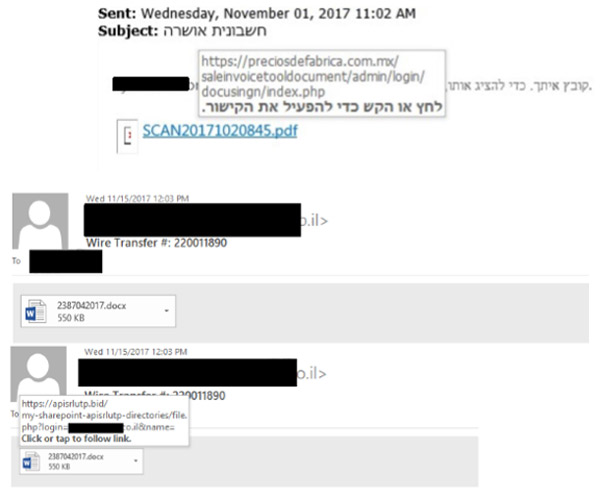 דוגמאות להודעות דוא"ל שנשלחו ועמודים מתחזים שהופיעו במסגרת גל ההתקפות. צילום: הרשות הלאומית להגנת הסייבר