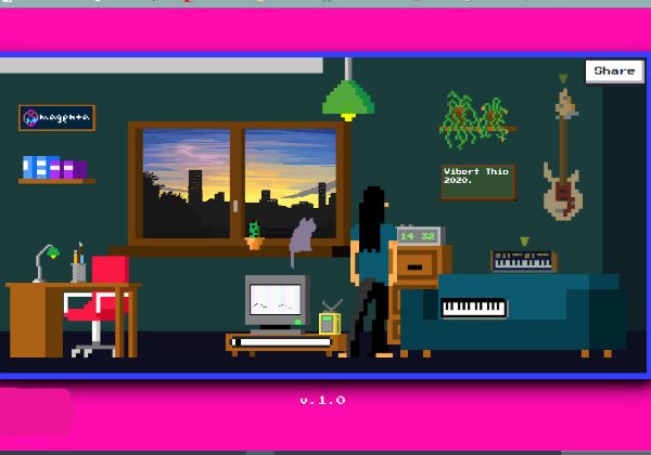 נגן מוזיקה מגובה ב-ML שמסתתר בחדר וירטואלי תמים. Lo-Fi Player של גוגל. צילום מסך