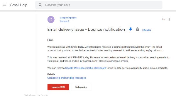 עדכון ללקוחות אודות התקלה בדף התמיכה הטכנית של גוגל. צילום מסך