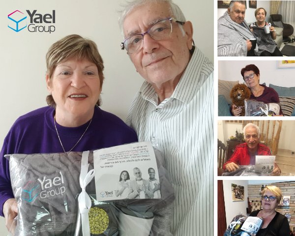 בתמונות מימין למעלה משפחותיהם של עובדי יעל עם החבילות: חמו וחמתו של שמעון בטשוילי; אמו של חגי אופיר; אביו של אמיר עמרי; אמו של אריאל מיכאלי; והוריו של שחר אלבס (בתמונה הגדולה). צילום: יח"צ