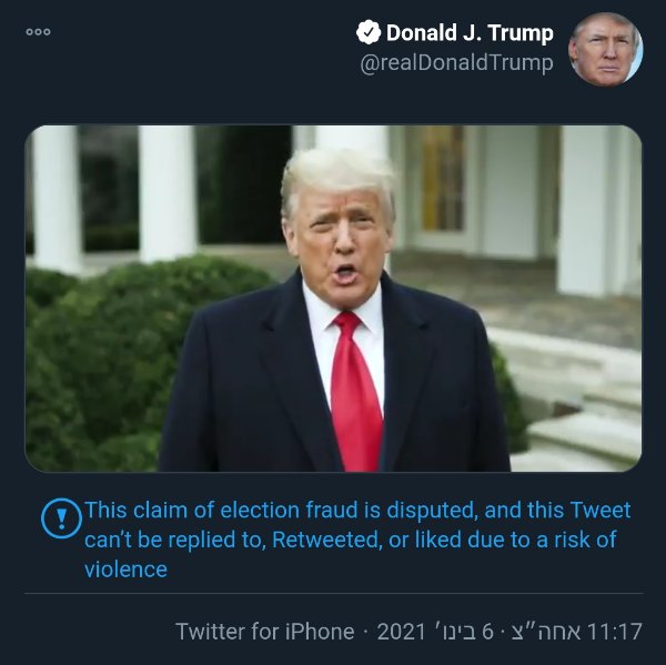 הזהירה מפני תוכן כוזב בציוץ טראמפ מוקדם יותר במהלך היום הדרמטי. טוויטר. צילום מסך