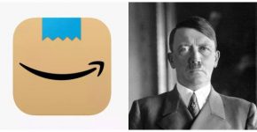 מימין: אדולף היטלר. צילום: ויקיפדיה. משמאל: הלוגו של אמזון שהוחלף בגלל דמיון לצורר הנאצי