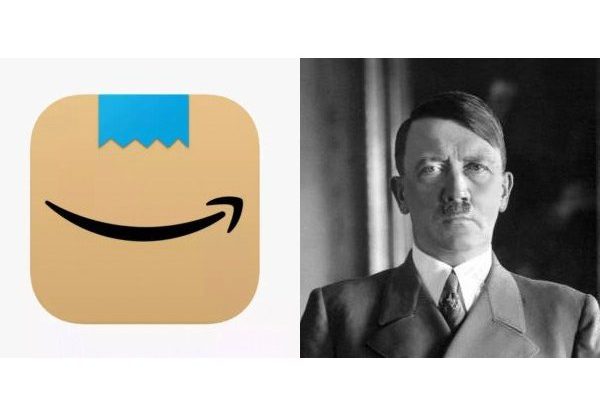 מימין: אדולף היטלר. צילום: ויקיפדיה. משמאל: הלוגו של אמזון שהוחלף בגלל דמיון לצורר הנאצי