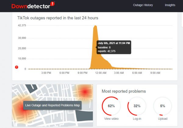 תקלה לילית בטיק טוק. צילום מסך מאתר DownDetector