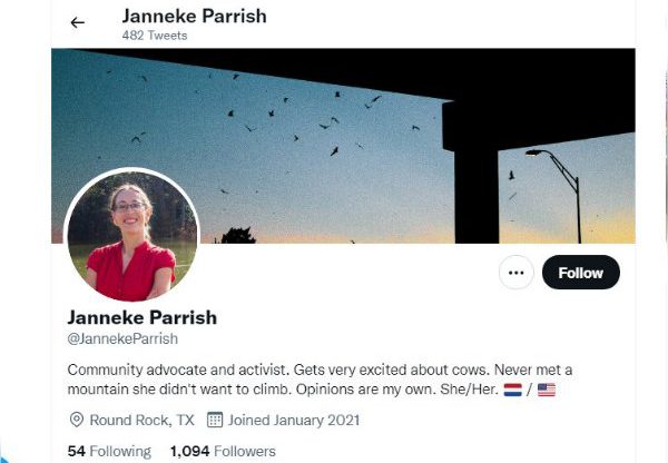 פוטרה. ג'אנקה פאריש, מנהיגת תנועת AppleToo#. צילום מסך מדף הטוויטר שלה