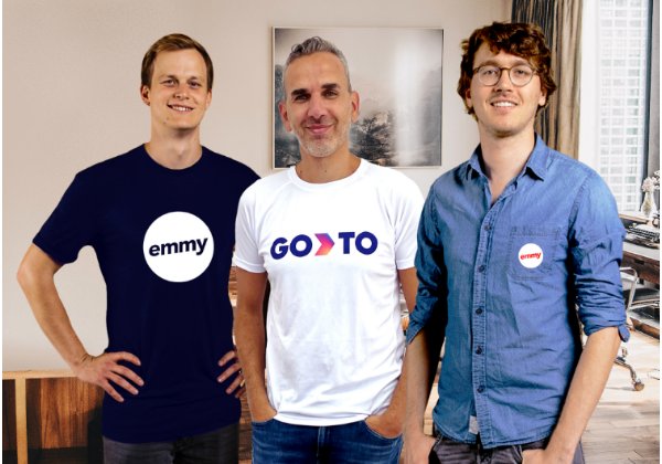 במרכז, גיל לייזר, מנכ"ל GoTo, עם ולריאן סלית'ר ואלכסנדר מאריץ, מנכ"לים משותפים ומייסדי emmy. צילום: GoTo Global