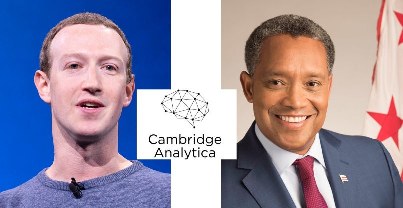 קארל רסין, התובע הכללי של וושינגטון, ומארק צוקרבג, מייסד ומנכ"ל פייסבוק. תביעה על רק פרשיית קיימברידג' אנליטיקה. עיבוד ממוחשב.
