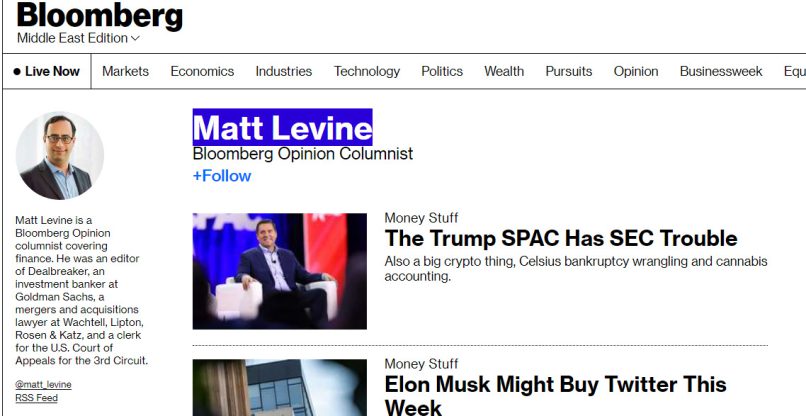 מאט לוין, הכתב הכלכלי החתום על הטור הפיננסי הפופולרי ב-Bloomberg Opinion.