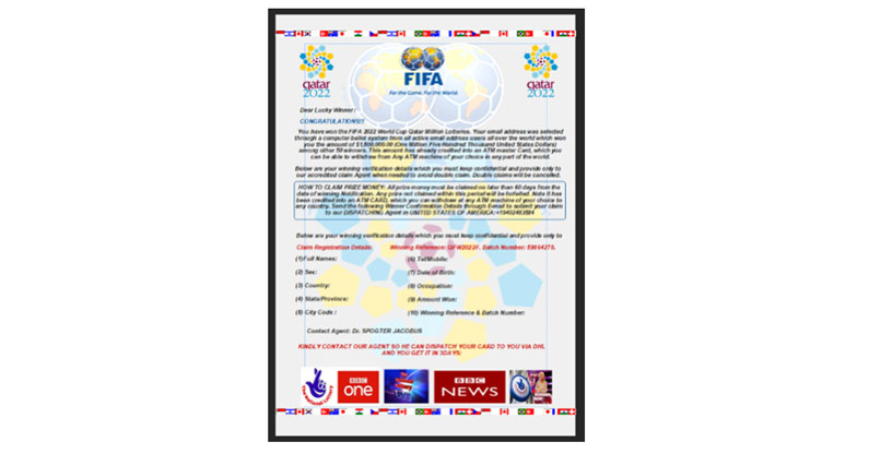 הכרזה מזויפת על זכייה בלוטו, שמשתמשת במונדיאל כפיתוי.