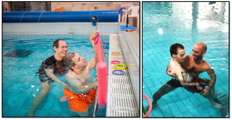מימין: אמיר ואודי בר חיים. משמאל: פעילויות מותאמות לצרכים המורכבים של המטופלים. בית נועם.