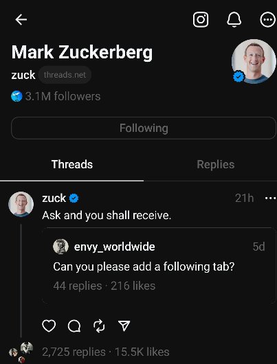 "בקשו ותיענו". מארק צוקרברג, מנכ"ל מטא, מעדכן בת'רדס על עדכון ת'רדס לעדכון (פיד) בפלטפורמה.