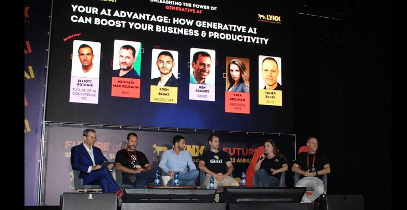 הפאנל באירוע Future of AI 2023. מימים לשמאל: תומר צוקר, סמנכ"ל השיווק בחברת D-ID; ורה שולמן, מנכ"לית פרופיסי לאבס; בן ג'ייקובס, מייסד שותף ומנכ"ל גינזי; עדן ביבאס, CBDO באקסליום ישראל; מיכאל מנדלבאום, ארכיטקט פתרונות, בינה מלאכותית ונתונים ביבמ; והמנחה, העיתונאי אליוט גוטקין.