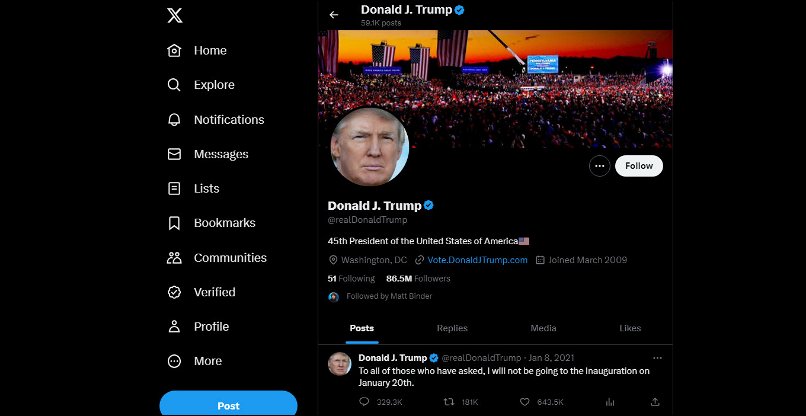 עדיין קפוא. חשבונו של דונלד טראמפ, realDonaldTrump@.