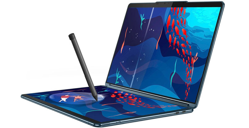 מחשב ה-Lenovo Yoga Book 9i עם העט האלקטרוני.