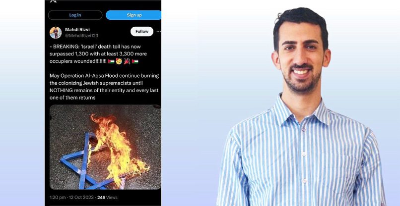 תומר אלדובי, מייסד ומנכ"ל התנועה למאבק באנטישמיות ברשת, משמאל: פוסט הסתה נגד ישראל ב-X.