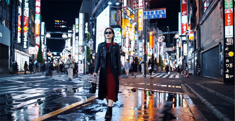 לכידת מסך מסרטון שנוצר לפי ההנחיות: אישה מסוגננת הולכת ברחוב בטוקיו מואר בניאון זוהר חמים ושילוט מונפש של העיר. היא לובשת ז'קט עור שחור, שמלה אדומה ארוכה ומגפיים שחורים.