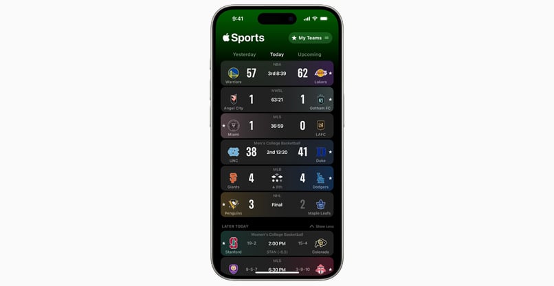 משתמשים יכולים להתאים אישית את לוחות התוצאות שלהם ב-Apple Sports על ידי מעקב אחר הקבוצות, הטורנירים והליגות האהובים עליהם