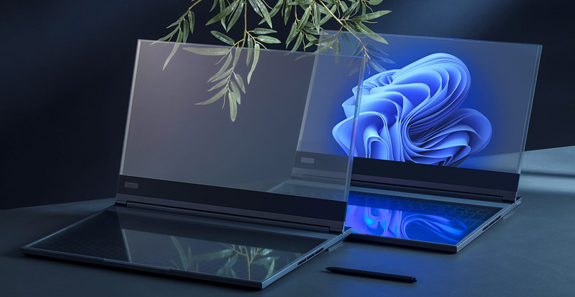 מסך שקוף לחלוטין. ThinkBook Transparent Project Crystal Laptop של לנובו.