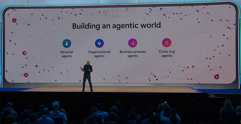 מציג את הדור הבא של הבינה המלאכותית על בימת הכנס. סאטיה נאדלה