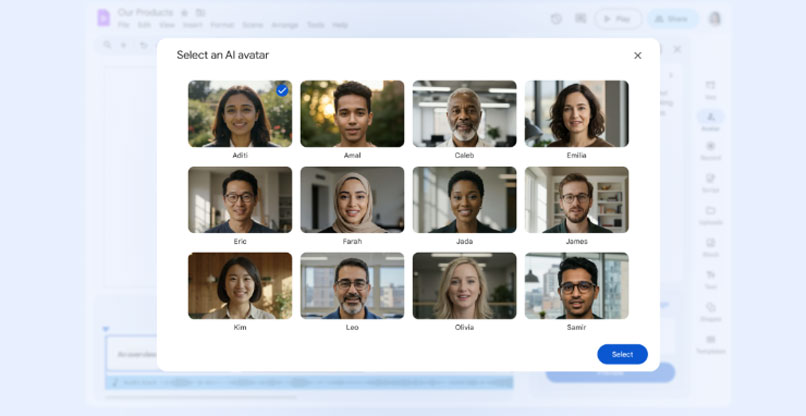 ניתן לבחור מבין 12 אווטארים. Google Vids.