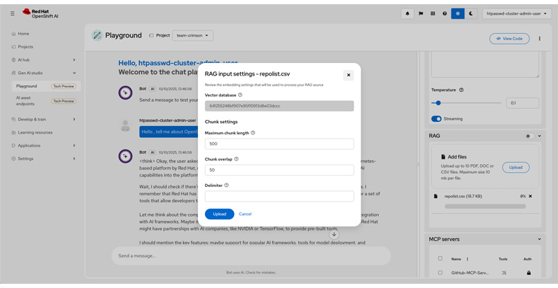סביבת Red Hat AI 3 Playground.