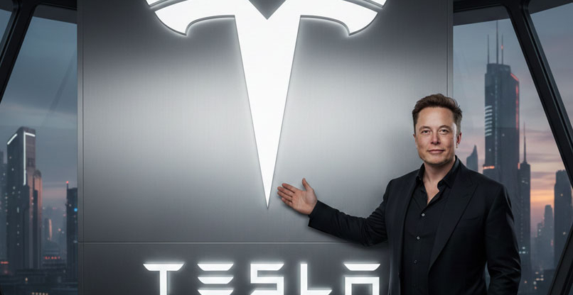 אילון מאסק עם הלוגו של טסלה.
