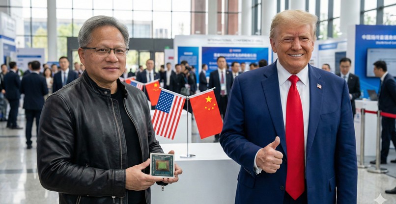 התרצה ומאשר לאנבידיה ולמנכ"לה הואנג מכירת שבבי AI לסין. נשיא ארה"ב טראמפ.