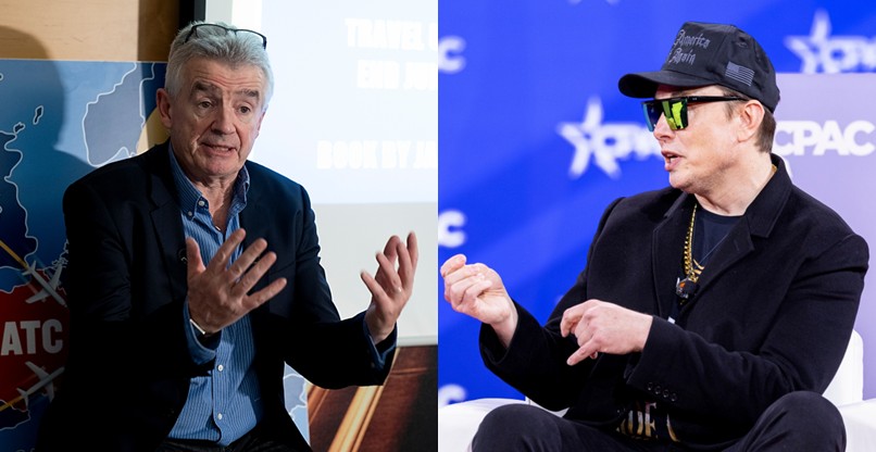 האם יערכו תחרות הורדת ידיים? שני ה-"אידיוטים" - אילון מאסק, יזם הטק ומנכ"ל SpaceX, ומייקל אולירי, מנכ"ל ריינאייר.