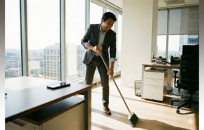 הנייד בצד והמטאטא ביד. כך נראה העובד המצטיין?