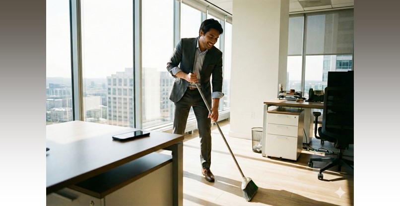 הנייד בצד והמטאטא ביד. כך נראה העובד המצטיין?