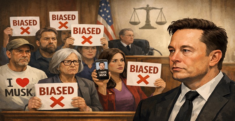 מועמדים רבים לחבר המושבעים במשפטו נפסלו בגלל דיעה קדומה עליו. אילון מאסק.