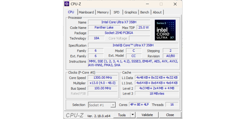 Intel Core Ultra X7 358H CPUz.