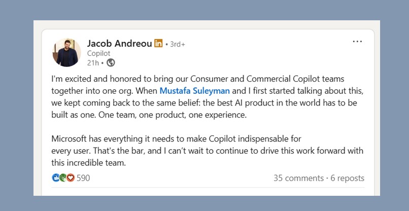 הודעת ראש קופיילוט החדש של מיקרוסופט בלינקדאין.