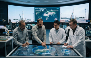 אילוסטרציה של מדענים סינים, רוסים ואיראנים, שעוסקים בפעילות של לוויינים ופעילות בחלל.