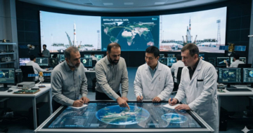 אילוסטרציה של מדענים סינים, רוסים ואיראנים, שעוסקים בפעילות של לוויינים ופעילות בחלל.