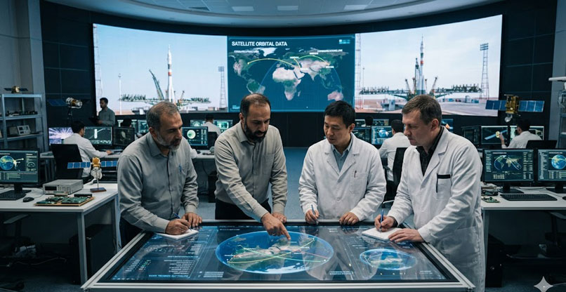 אילוסטרציה של מדענים סינים, רוסים ואיראנים, שעוסקים בפעילות של לוויינים ופעילות בחלל.