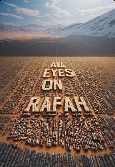 All_Eyes_On_Rafah צילום: לכידת מסך מהרשת, שימוש לפי סעיף 27א לחוק זכות יוצרים שותפה מיליוני פעמים על אף שהיא תוצר AI. תמונת מחנה אוהלים לבנים ברקע הרים מושלגים עם הכיתוב 'All Eyes on Rafah'.