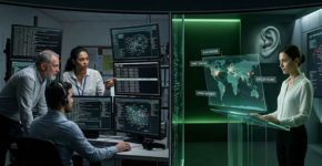 אילוסטרציה של חוקרים שעובדים על פתרון בעיות הסייבר שה-AI הביאה איתה, כשיש מי ששומע ברקע.