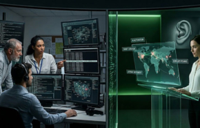 אילוסטרציה של חוקרים שעובדים על פתרון בעיות הסייבר שה-AI הביאה איתה, כשיש מי ששומע ברקע.