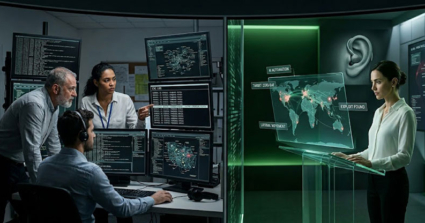 אילוסטרציה של חוקרים שעובדים על פתרון בעיות הסייבר שה-AI הביאה איתה, כשיש מי ששומע ברקע.