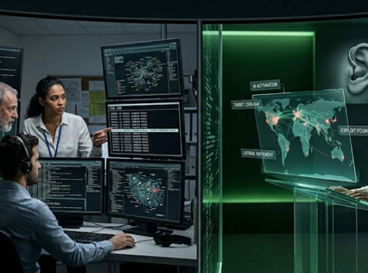 אילוסטרציה של חוקרים שעובדים על פתרון בעיות הסייבר שה-AI הביאה איתה, כשיש מי ששומע ברקע.