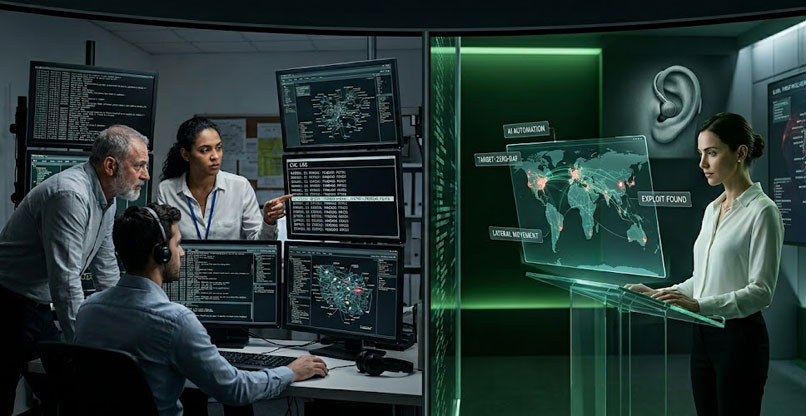אילוסטרציה של חוקרים שעובדים על פתרון בעיות הסייבר שה-AI הביאה איתה, כשיש מי ששומע ברקע.